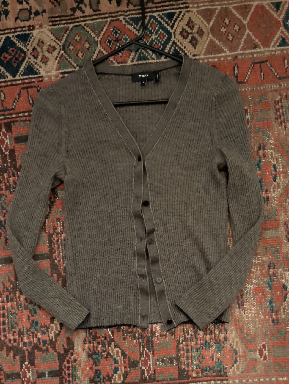 Theory Gray Ribbed V-Neck Buttoned Cardigan